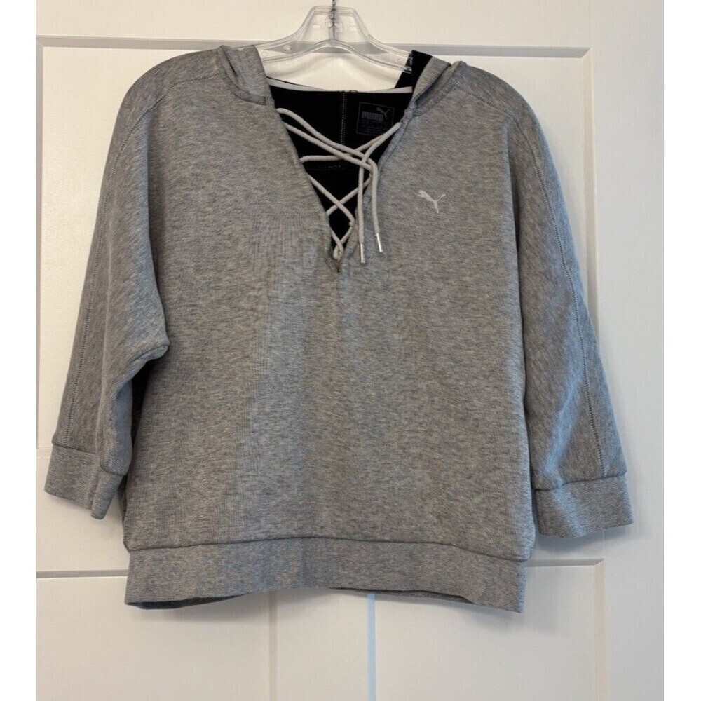 Puma Lace Up Pullover Cropped Gray Sweatshirt Hoodie 3/4 Sleeve Women’s Large
